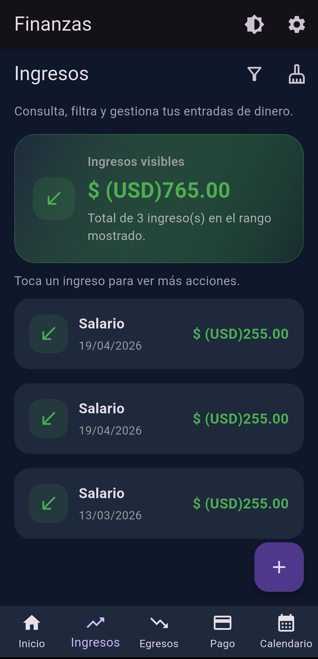 Resumen de ingresos